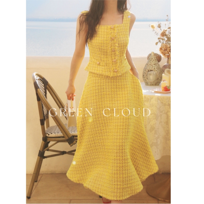 绿色云柠檬蛋糕浪漫少女法式红色黄色小香风马甲腰裙套装春夏款-图0