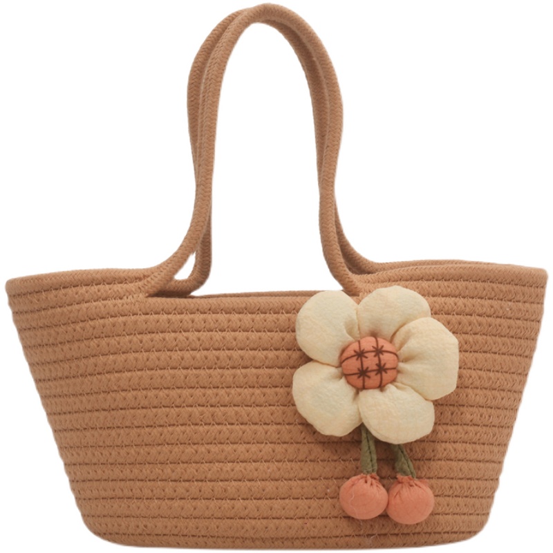 编织水桶包包女2022春夏新款纯色小清新花朵装饰手提包菜篮子女包