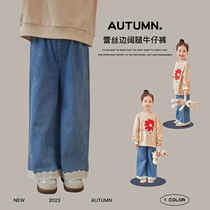 Girl Jeans 2024 Spring New Children Lace Side Wide Leg Pants Tide Baby Casual Foreign Air Straight Drum Pants