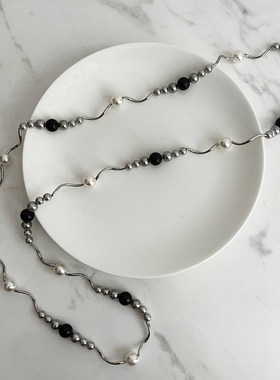 KITSH玛瑙珍珠波浪项链小众ins中性简约潮酷个性两戴锁骨链毛衣链