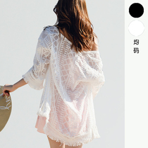 Swimsuit jacket hooded bikini sunscreen outer lap mesh yarn single display slim in long sleeves Sexy hot spring yarn white