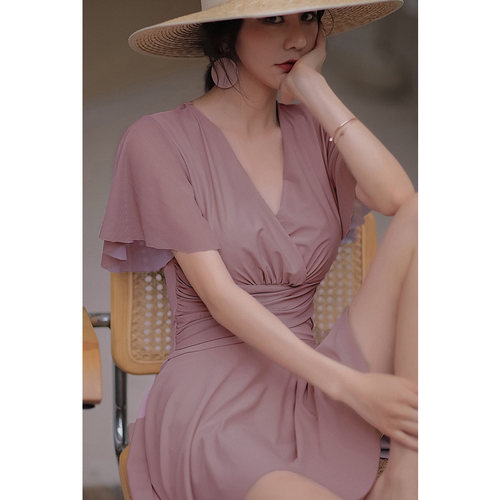 大码胖mm200斤连体泳衣女泡温泉显瘦遮肚分体裙式保守钢圈平角裤 - 图1