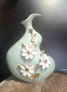 精致青绿色高端葫芦花瓶客厅电视柜手工掐花描金 微瑕疵介意勿拍