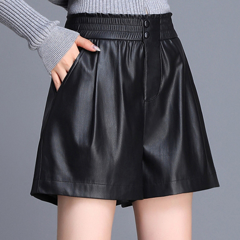 海宁真皮皮短裤秋季新款女士绵羊皮阔腿裤百搭高腰靴裤松紧腰裤子,淘宝优惠券,粉丝福利购,淘宝优惠卷