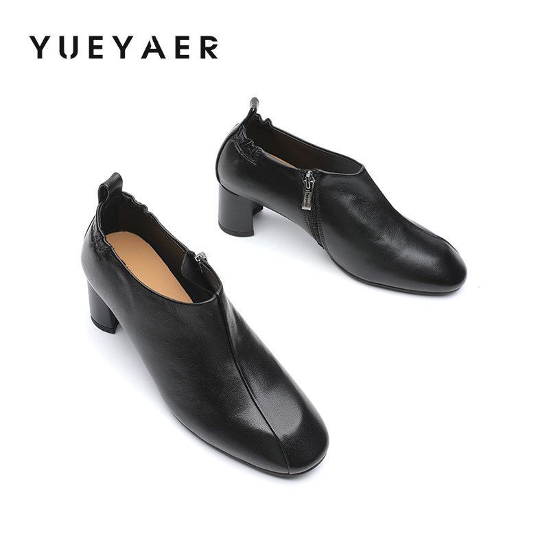 月芽儿2025新款复古风圆头粗跟深口单鞋女高跟鞋一脚蹬通勤工作鞋,淘宝优惠券,粉丝福利购,淘宝优惠卷