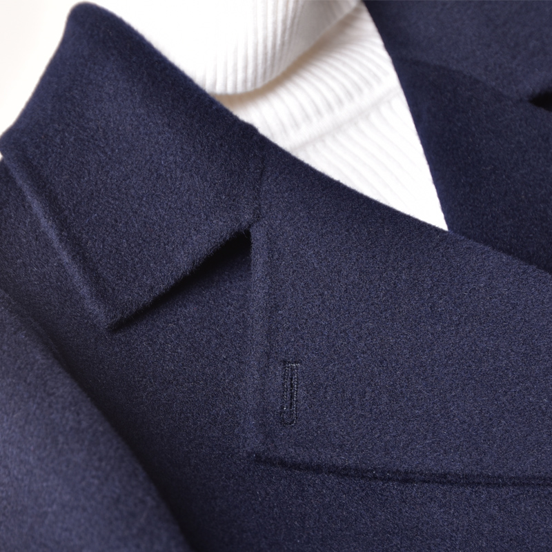 秋冬季新款高端藏蓝色羊毛双面呢大衣女长款后开叉系带双面绒外套 - 图0