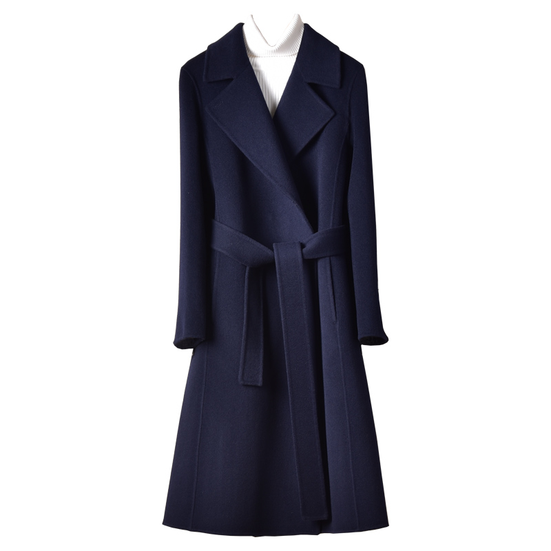 秋冬季新款高端藏蓝色羊毛双面呢大衣女长款后开叉系带双面绒外套 - 图3