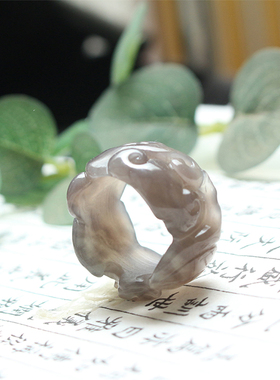 新款原创和田玉烟紫福寿如意扳指
