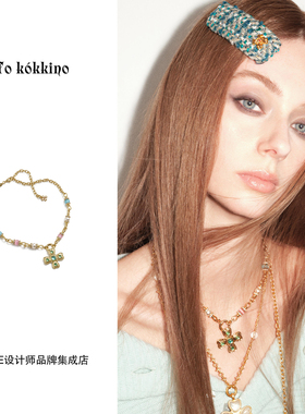 Dare买手店 tokokkino正品 绿影猫眼石蝴蝶结花项链金色复古欧美