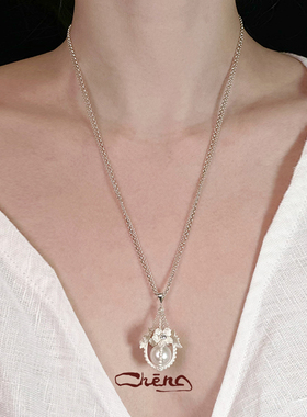 晿cheng团花珍珠百宝囊项链纯银