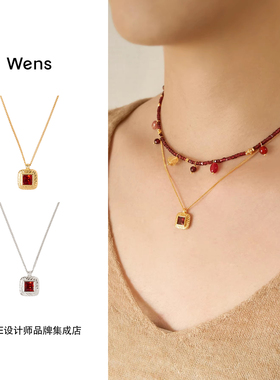 Wens Jewels 石榴石复古方石项链红色新年复古原创设计高级首饰