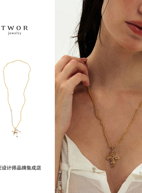 Dare买手店 TWOR正品十字花黄水晶长项链珍珠复古毛衣链秋冬新品