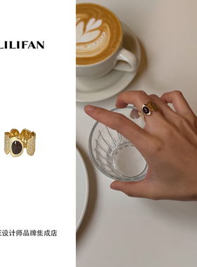 Dare买手店 LILIFAN莉莉梵花生纹路开口珐琅戒指金色复古饰品首饰