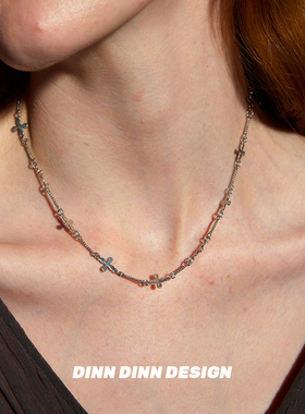 Dare买手店 DINN DINN DESIGN 十字花银色长短款项链原创设计复古