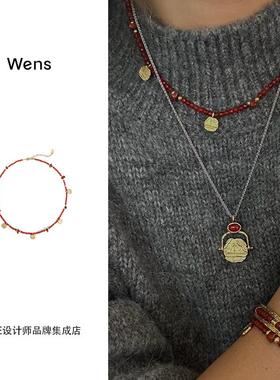 wens浮雕吊坠红玛瑙项链锁骨链