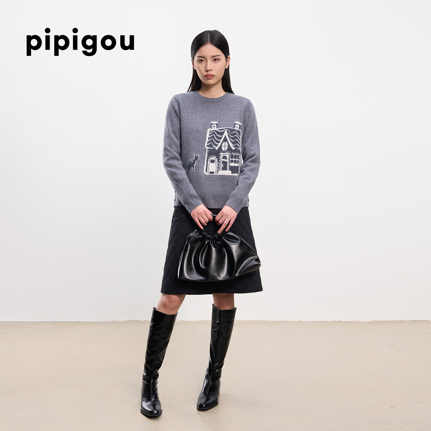 皮皮狗25秋冬新品半高领加厚款羊绒衫卡通提花加宽下摆时尚套衫女,淘宝优惠券,粉丝福利购,淘宝优惠卷