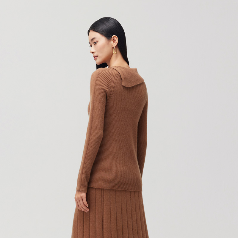 皮皮狗秋冬新款斜翻领纽扣插肩袖毛衣羊绒衫 - 图1