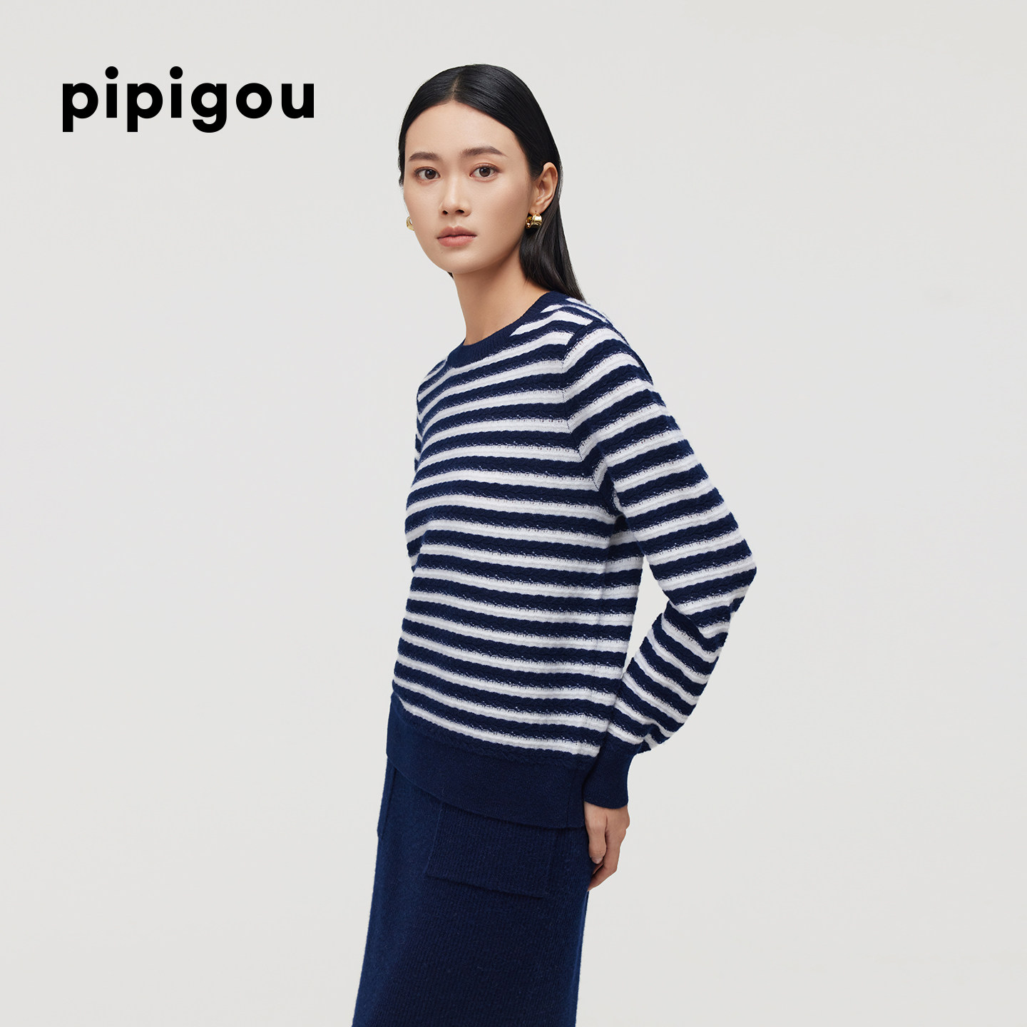 皮皮狗秋冬新款圆领撞色条纹针织套头羊绒衫女打底毛衣,淘宝优惠券,粉丝福利购,淘宝优惠卷