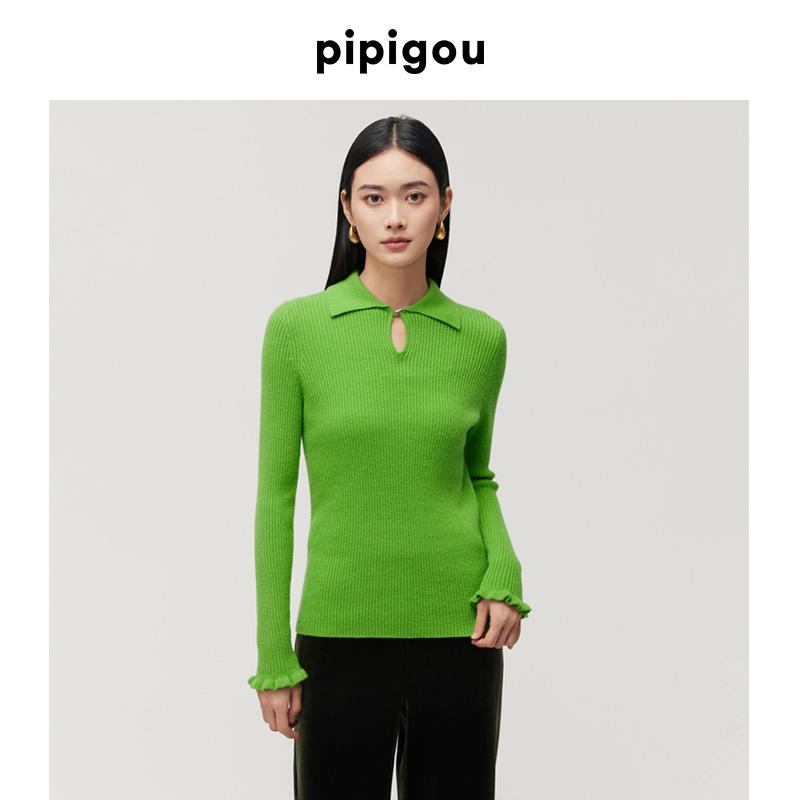 皮皮狗秋冬新中式坑条POLO水滴领荷叶边袖口羊绒衫 - 图0