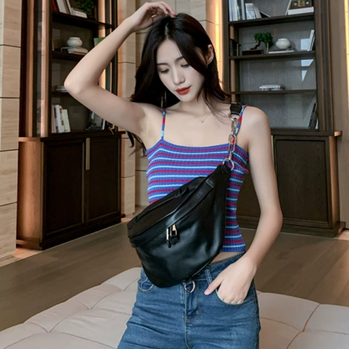 Нагрудная сумка, сумка через плечо, кожаная универсальная модная поясная сумка, цепь, из натуральной кожи, коллекция 2022, в корейском стиле