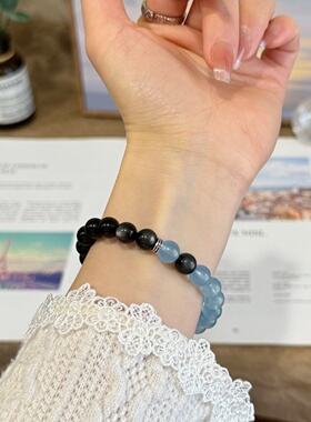 黑曜石海蓝宝手链补水防水逆招财