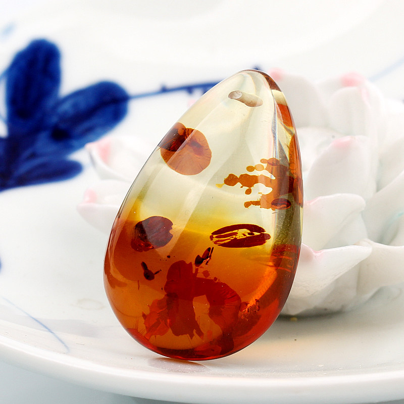 晶立方天然花珀渐变水滴形毛衣链 晶立方项坠/吊坠