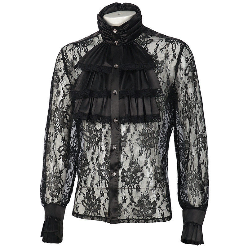 春秋男士复古舞台表演服装衬衫 中世纪哥特式镂空黑色单排扣衬衫,淘宝优惠券,粉丝福利购,淘宝优惠卷