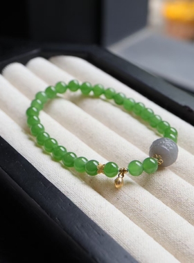 天然和田玉碧玉阳绿圆珠约6mm手链银单圈小手串女款百搭简约