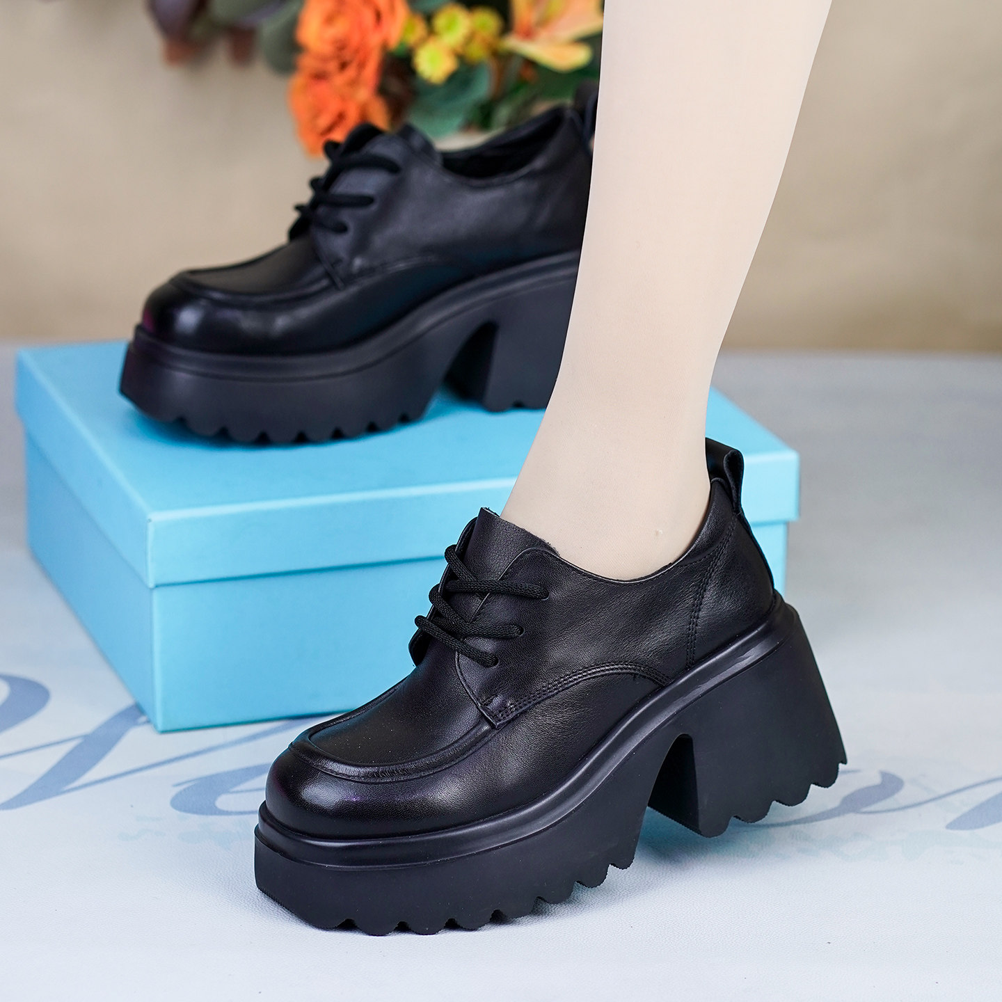 2026春秋新款头层牛皮女单绒鞋高跟厚底系带皮鞋英伦风舒适乐福鞋,淘宝优惠券,粉丝福利购,淘宝优惠卷