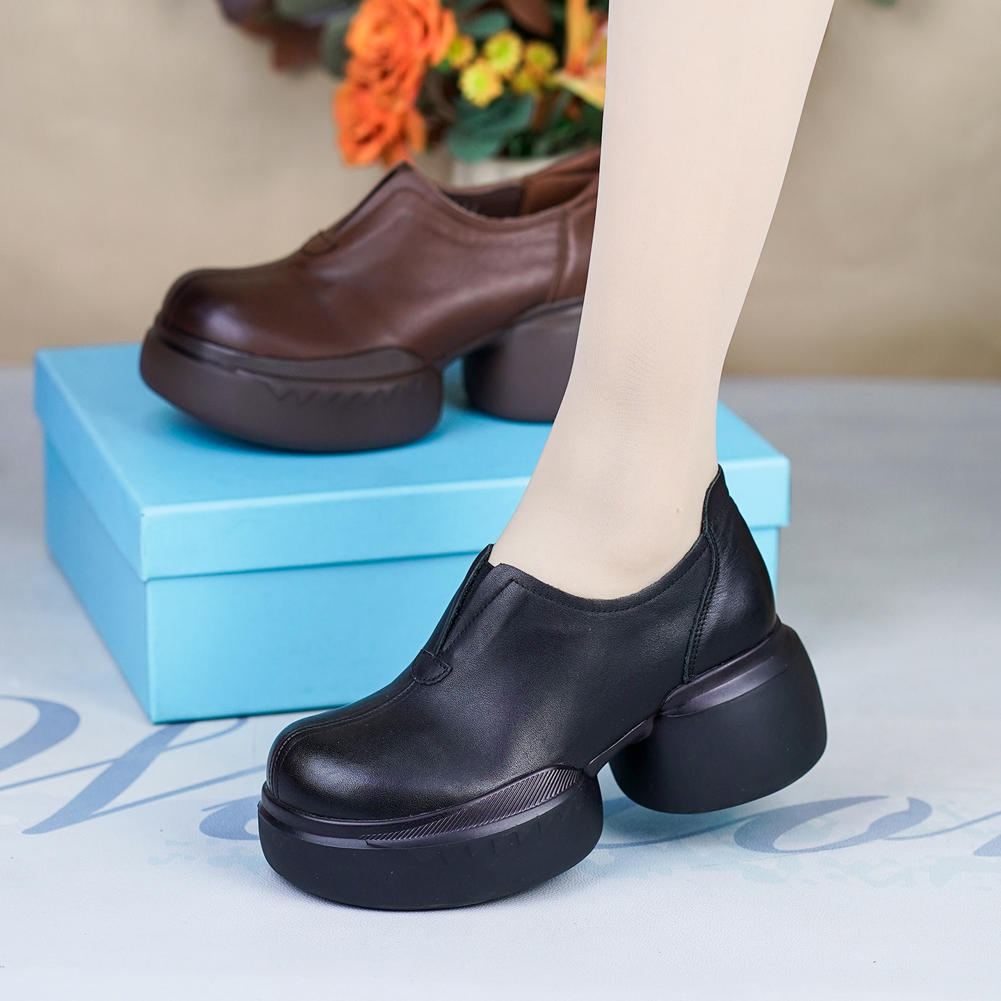 春秋新款厚底松糕增高深口单鞋女牛皮圆头妈妈款皮鞋真皮复古女鞋,淘宝优惠券,粉丝福利购,淘宝优惠卷