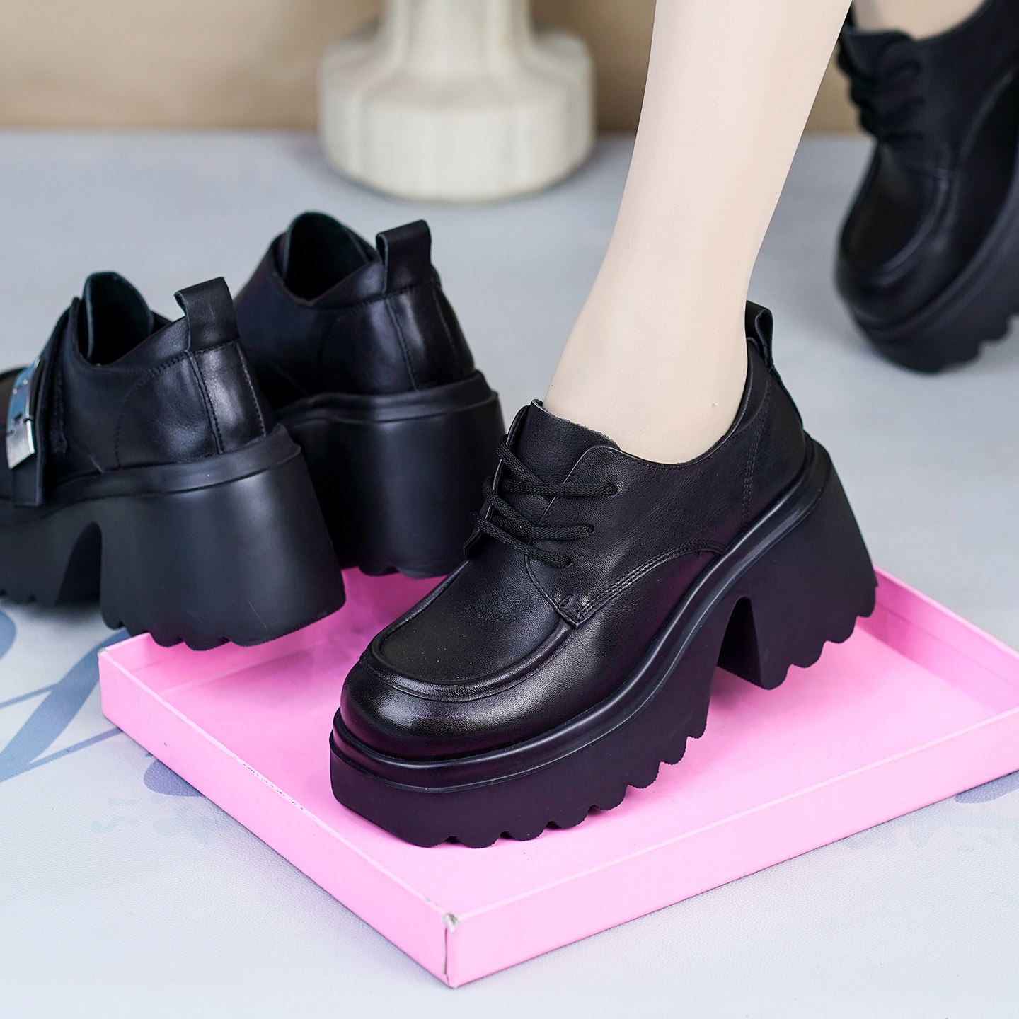 2026春秋新款头层牛皮女单绒鞋高跟厚底系带皮鞋英伦风舒适乐福鞋,淘宝优惠券,粉丝福利购,淘宝优惠卷