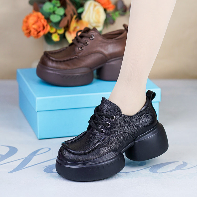 春秋新款厚底粗跟女士深口单鞋棕色牛皮真皮复古女鞋手工宽头皮鞋,淘宝优惠券,粉丝福利购,淘宝优惠卷