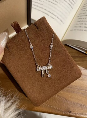 S925银镶钻蝴蝶结项链女 轻奢小众设计感锁骨链 精致闪钻流苏颈链