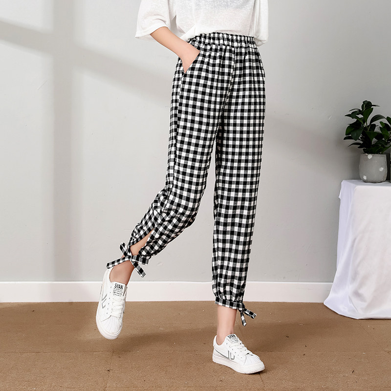 黑白格子夏薄款显瘦宽松垂感灯笼裤 璟依服饰休闲裤