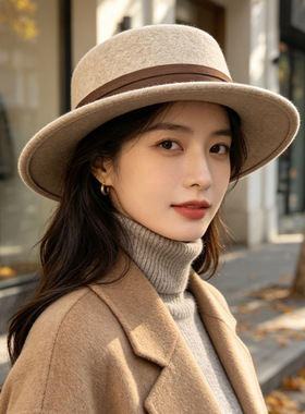 秋冬英伦缎带羊毛保暖平顶礼帽女