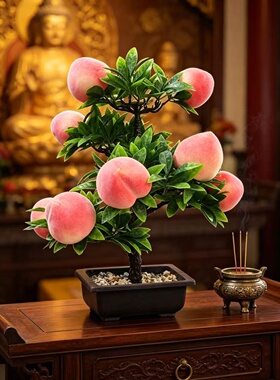 仿真桃树盆栽中式禅意客厅装饰摆件手工仿真花假花供佛花佛前花