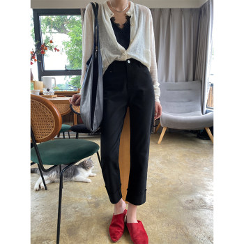 Cuffed Jeans ຂອງແມ່ຍິງ Straight Slim Pants Spring ໃຫມ່ຄົນອັບເດດ: Versatile ແອວສູງ Curled ເກົ້າຈຸດ Casual Pants