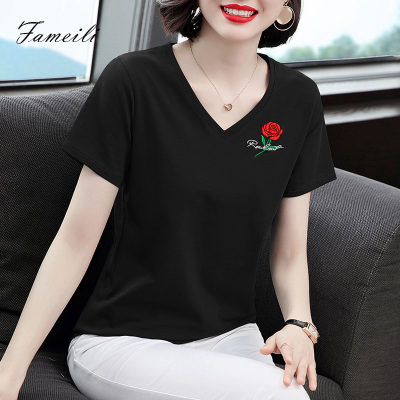 v领短袖2020宽松t恤女上衣 法美丽T恤
