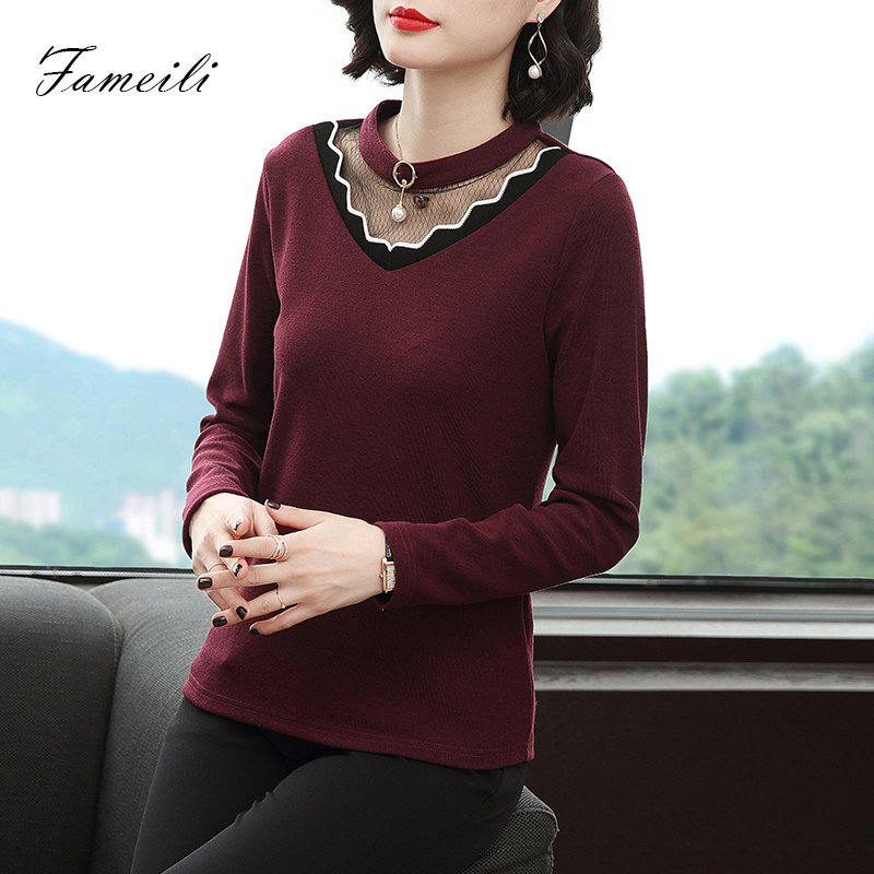 2020秋装新款长袖中年蕾丝洋气t恤 法美丽T恤