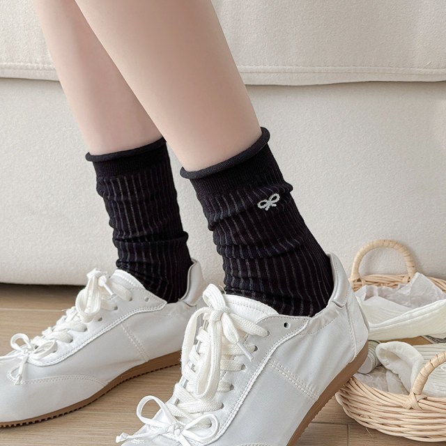 Spring and summer thin solid color versatile rolled hem mid-calf women's socks