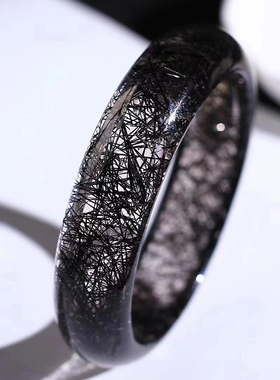 收藏级黑发晶手镯女款宽板顺发钛晶花贵妃镯黑水晶手排手串手链