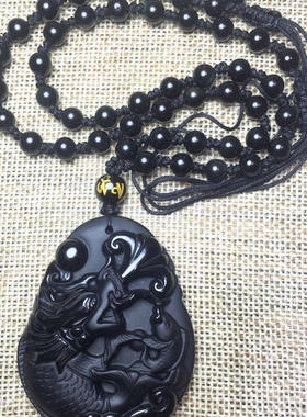 天然墨西哥黑曜石螭吻吊坠 五行补水龙鱼挂件 神兽鸱吻男女款项链