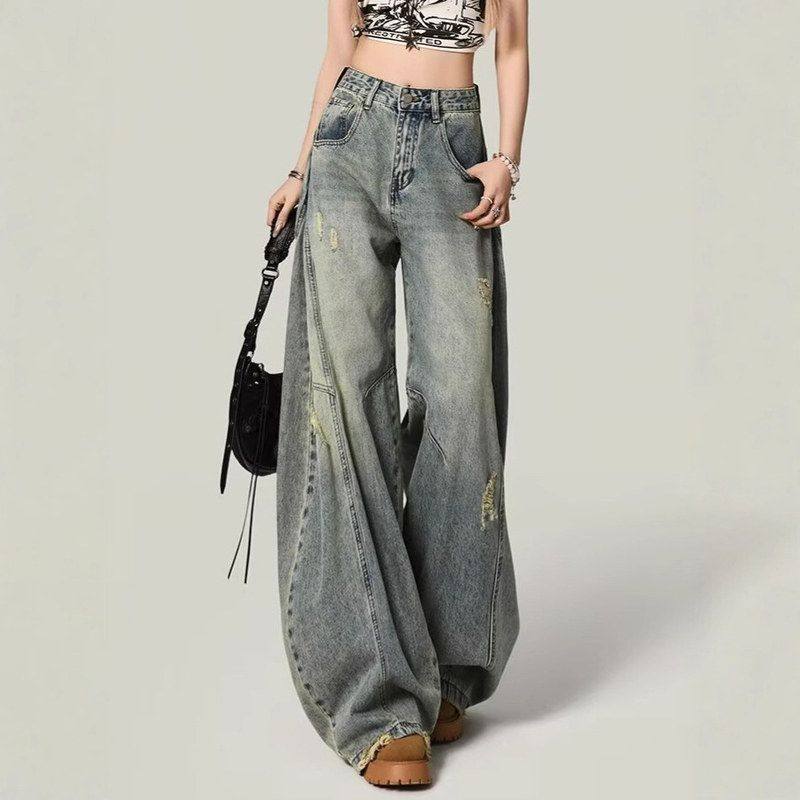 牛仔裤2025设计感高腰弯刀秋季拖地新款破洞阔腿高街显瘦女宽松裤,淘宝优惠券,粉丝福利购,淘宝优惠卷
