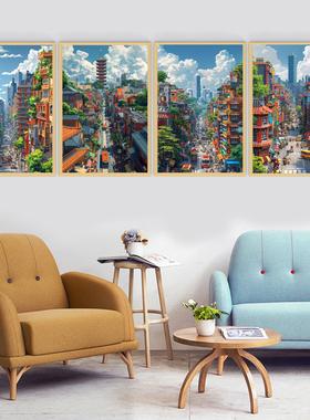 积木风格海边景城市建筑色挂画