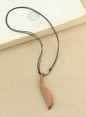 新中式国风项链女款长款编织绳木雕吊坠民族风毛衣链个性简约配饰