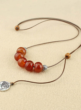 复古玛瑙项链民族风长款毛衣链女2021新款简约气质文艺棉麻配饰品