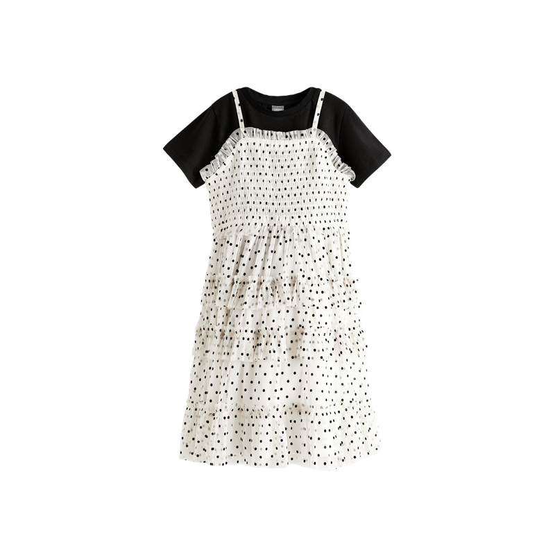 代购 NEXT女童连衣裙 2024夏季黑色T恤+白色波点吊带儿童裙3-16歲-图3