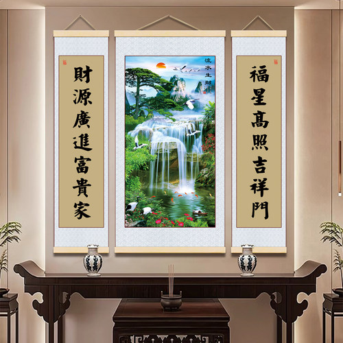 新中式国风客厅三联中堂画家和吉星高照流水生财装饰招财背景挂画 - 图3