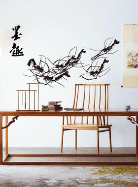 中式风格彩绘墙手绘模板硅藻泥绘画水墨趣虾室内墙绘diy涂鸦
