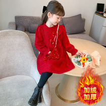 Girls dress for dress autumn and winter style 2023 new foreign air children red little girl winter gush dresses for Chinese New Year